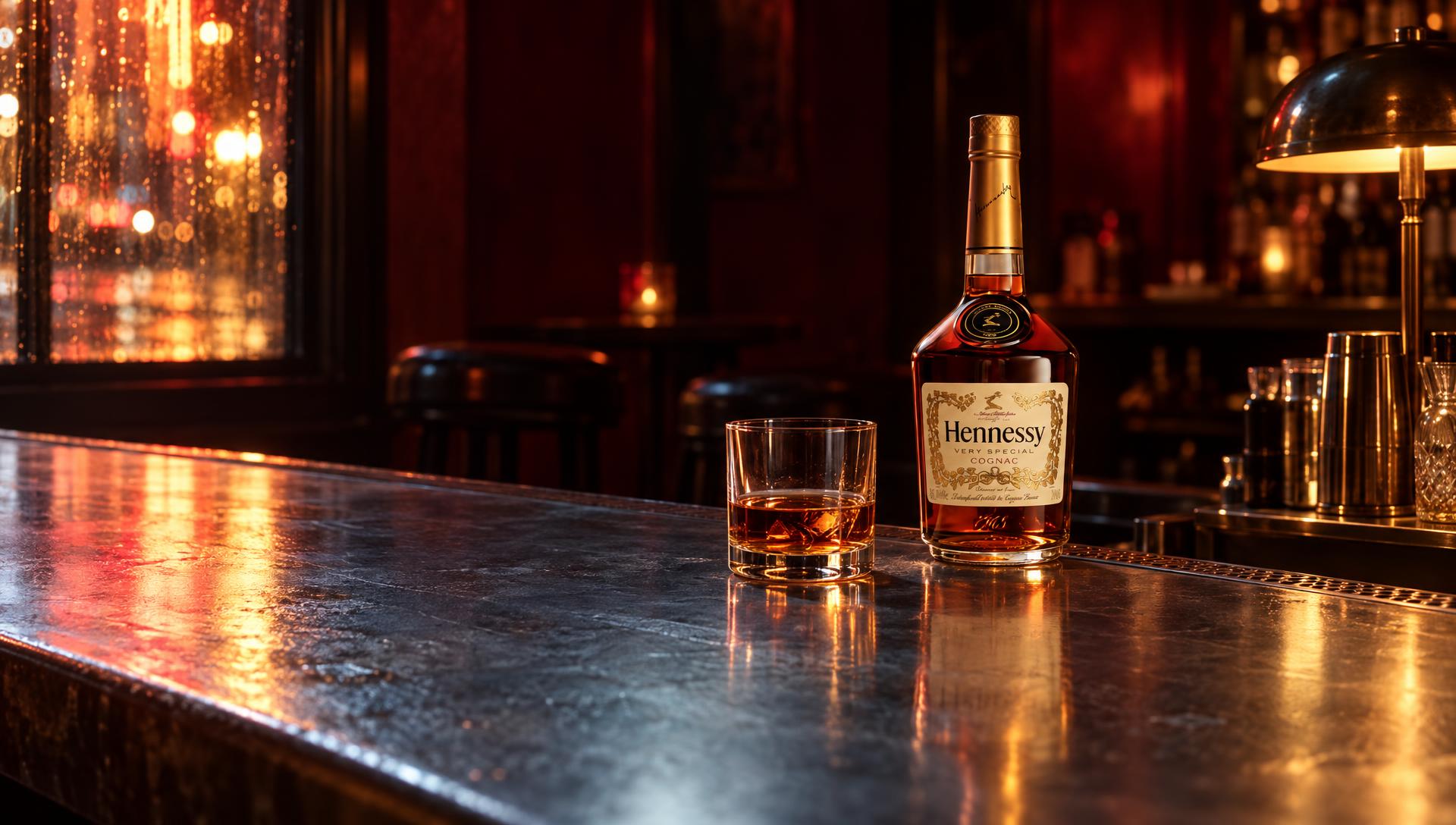 Hennessy bottle on a zinc bar at night