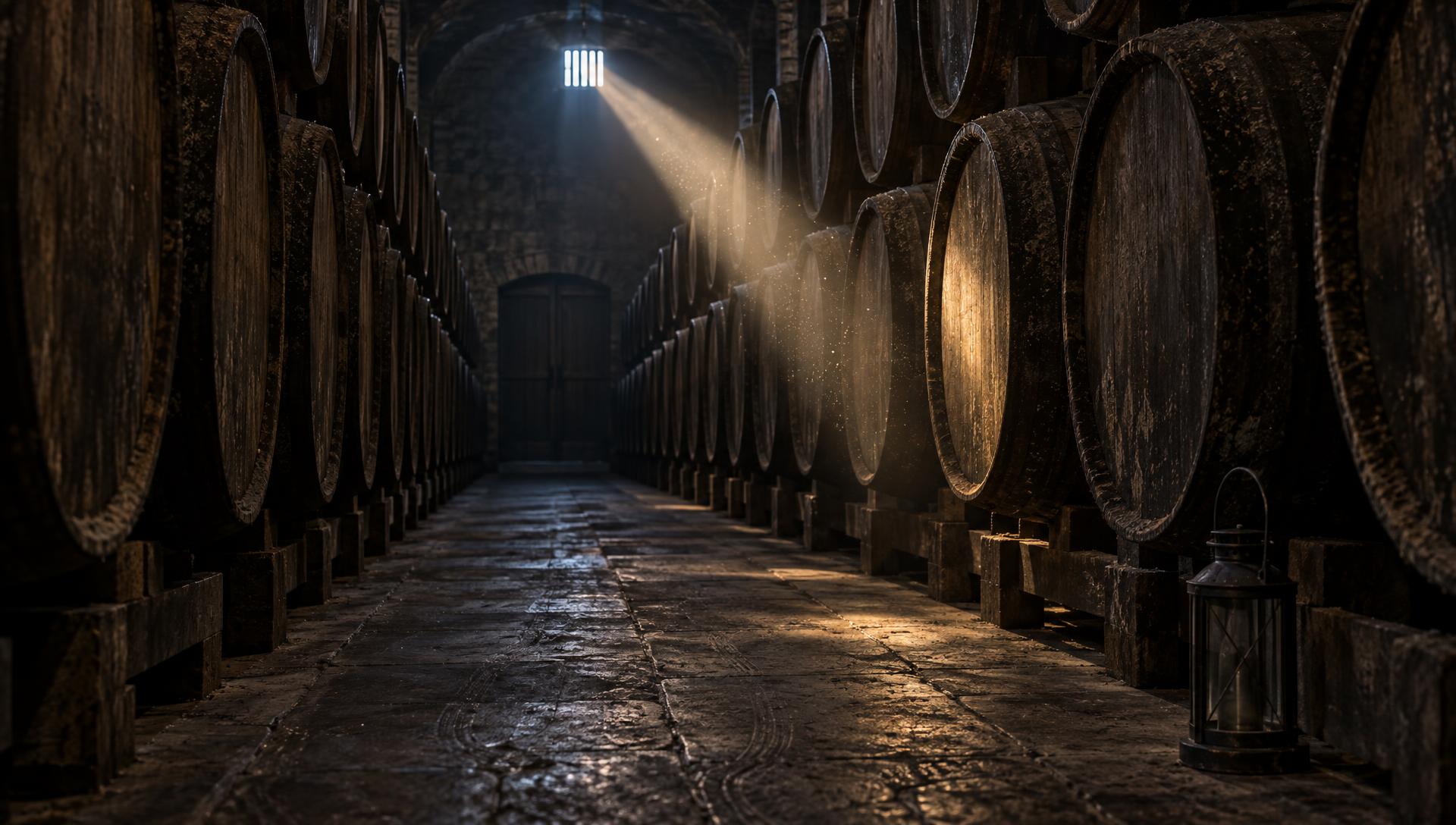 Cellar aisle with dust beam