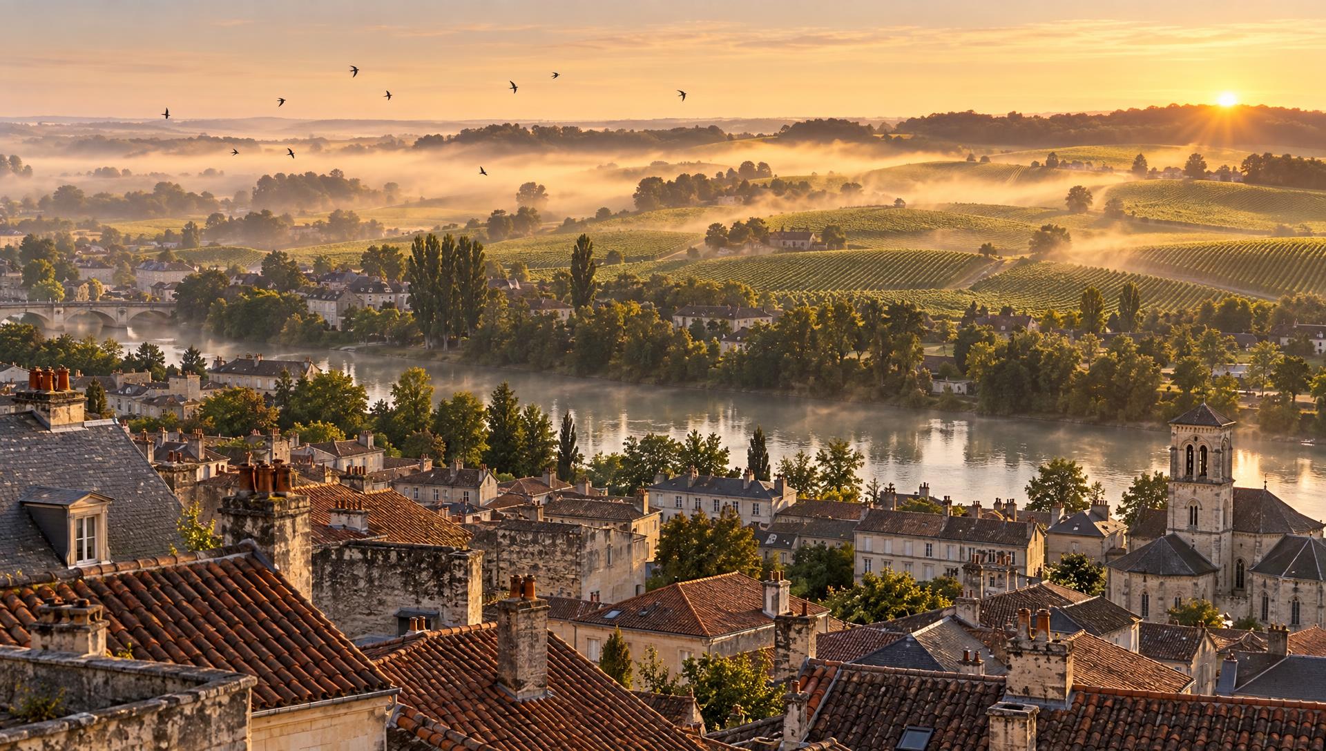 Dawn mist over Cognac rooftops and vines