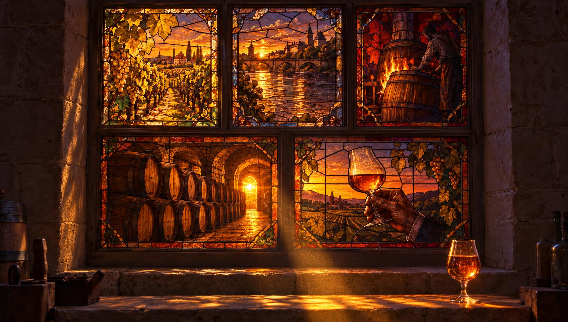 The window at dusk, all panes amber