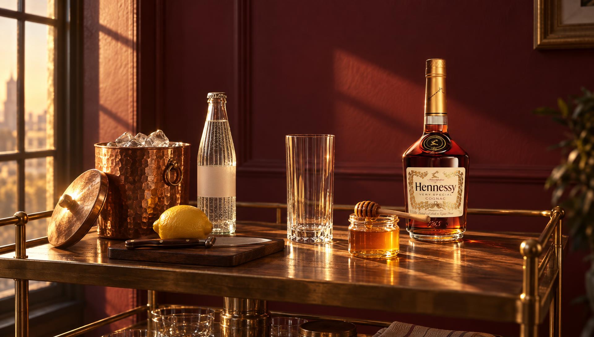 Bar cart with Hennessy bottle, honey, lemon and ice in golden light
