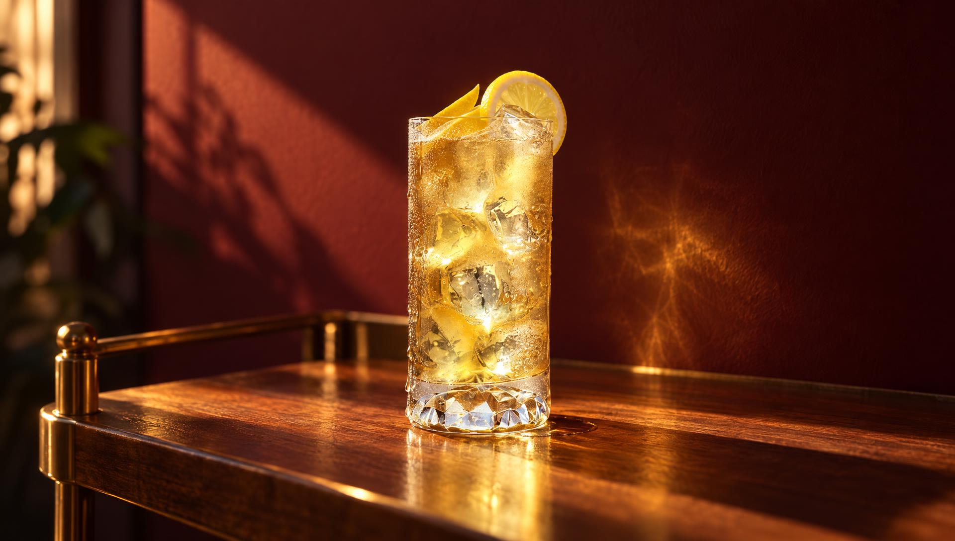 A finished honey highball in golden light