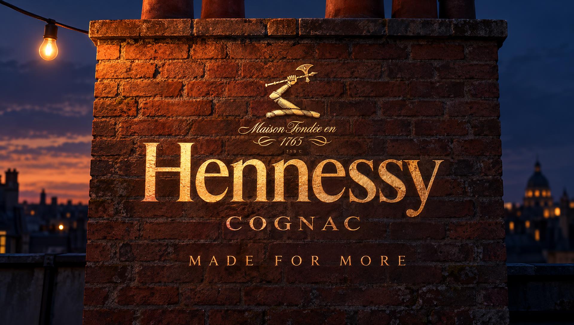 Hennessy end card glowing on rooftop chimney brick