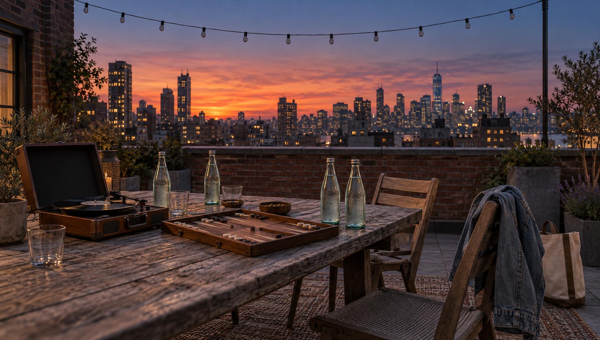 Rooftop table with record player and board game at dusk