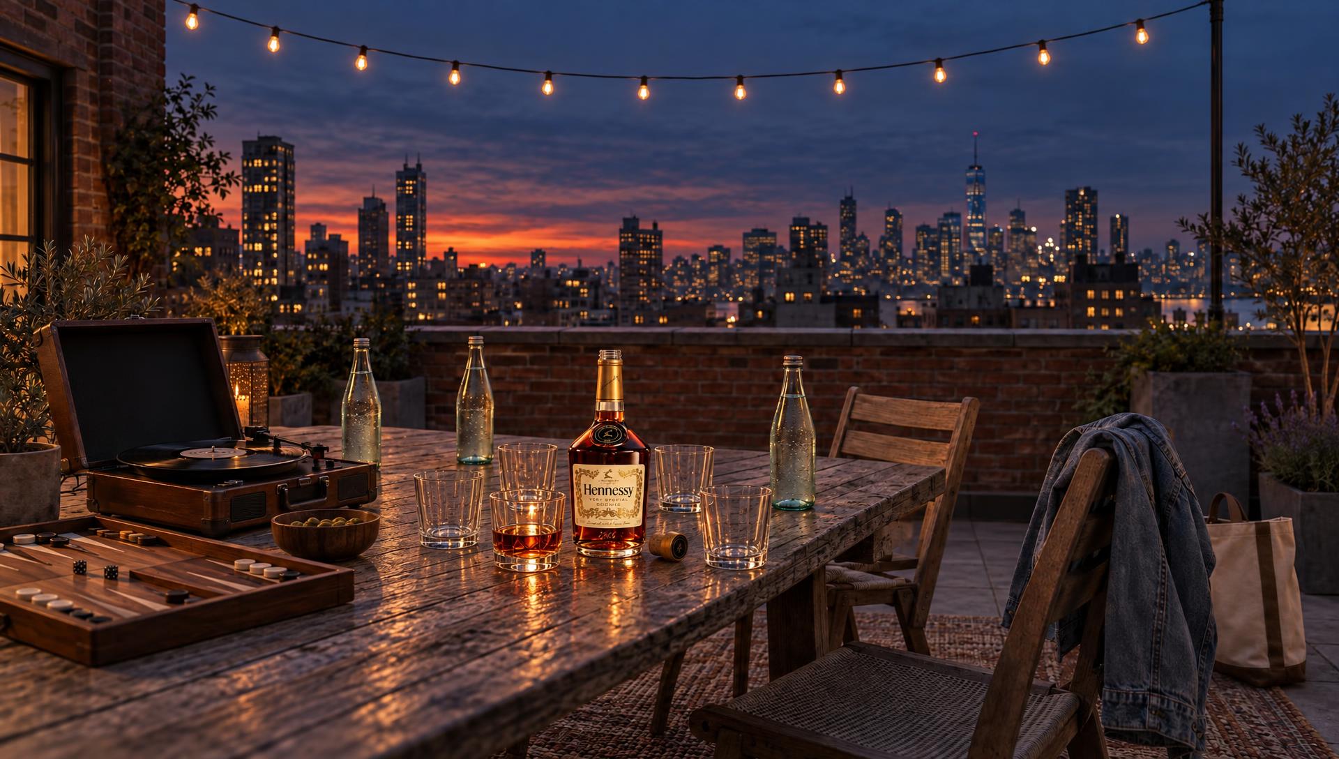 Hennessy bottle open among tumblers under festoon lights