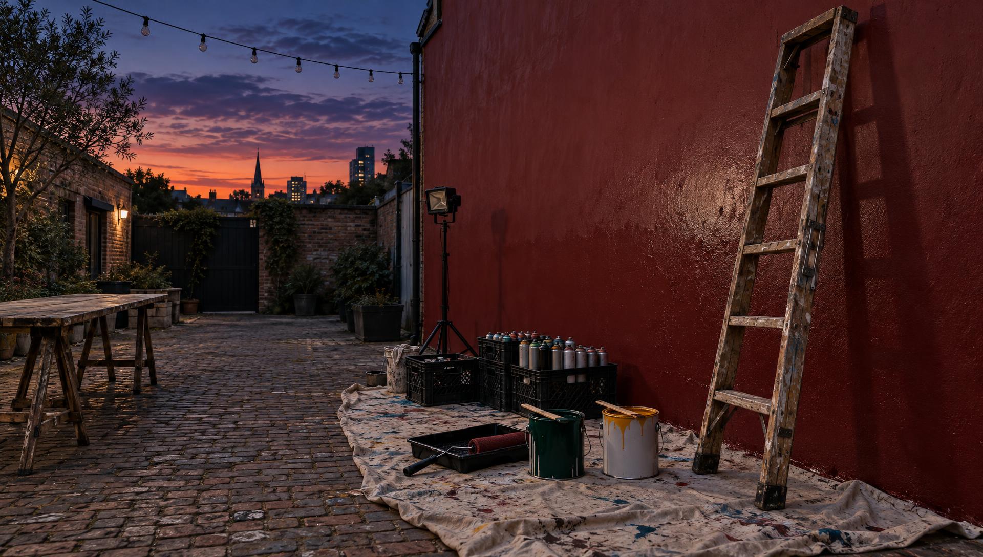 Courtyard with primed oxblood wall, ladder and paint at dusk
