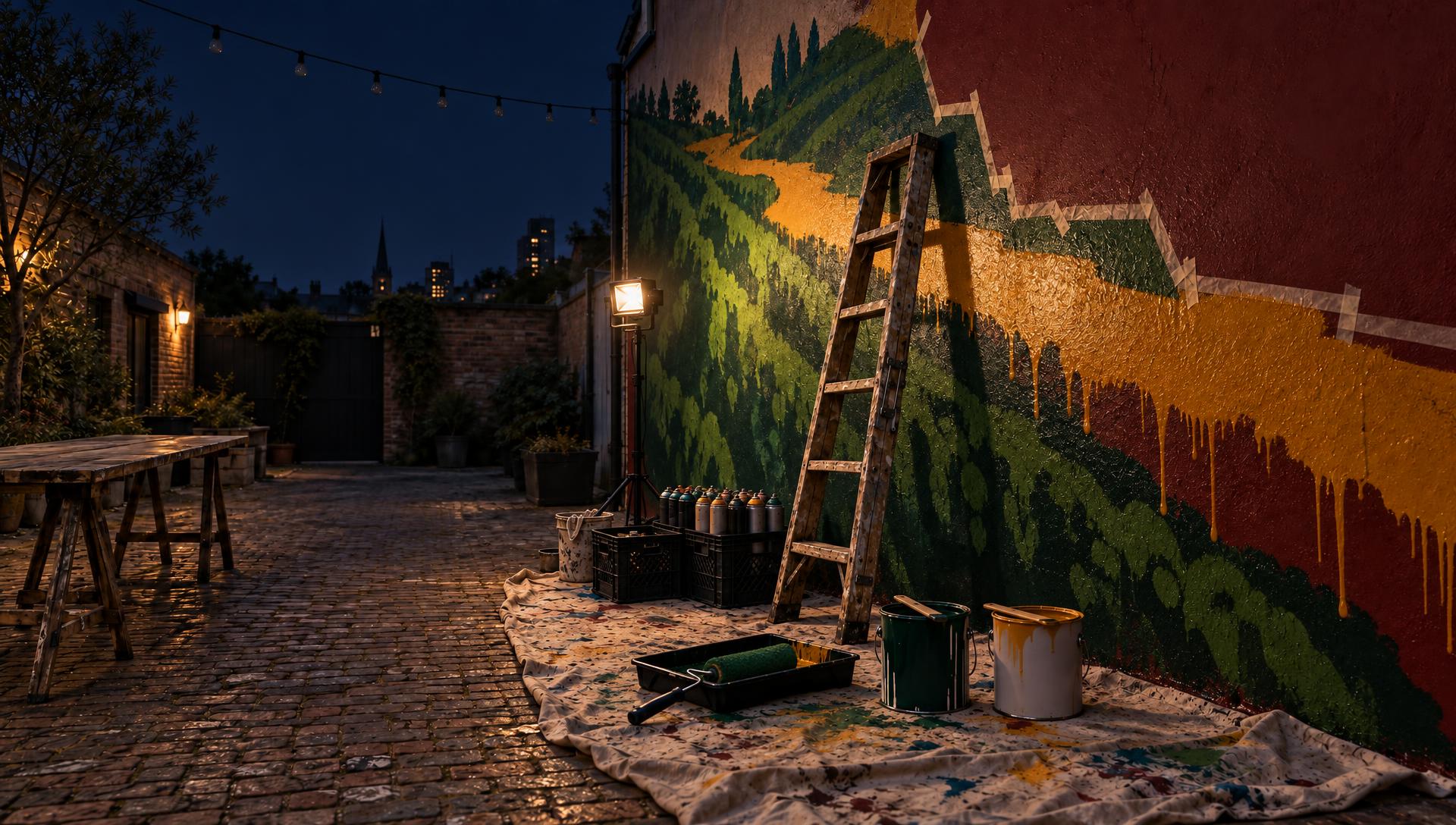 The mural half painted at night under a work lamp