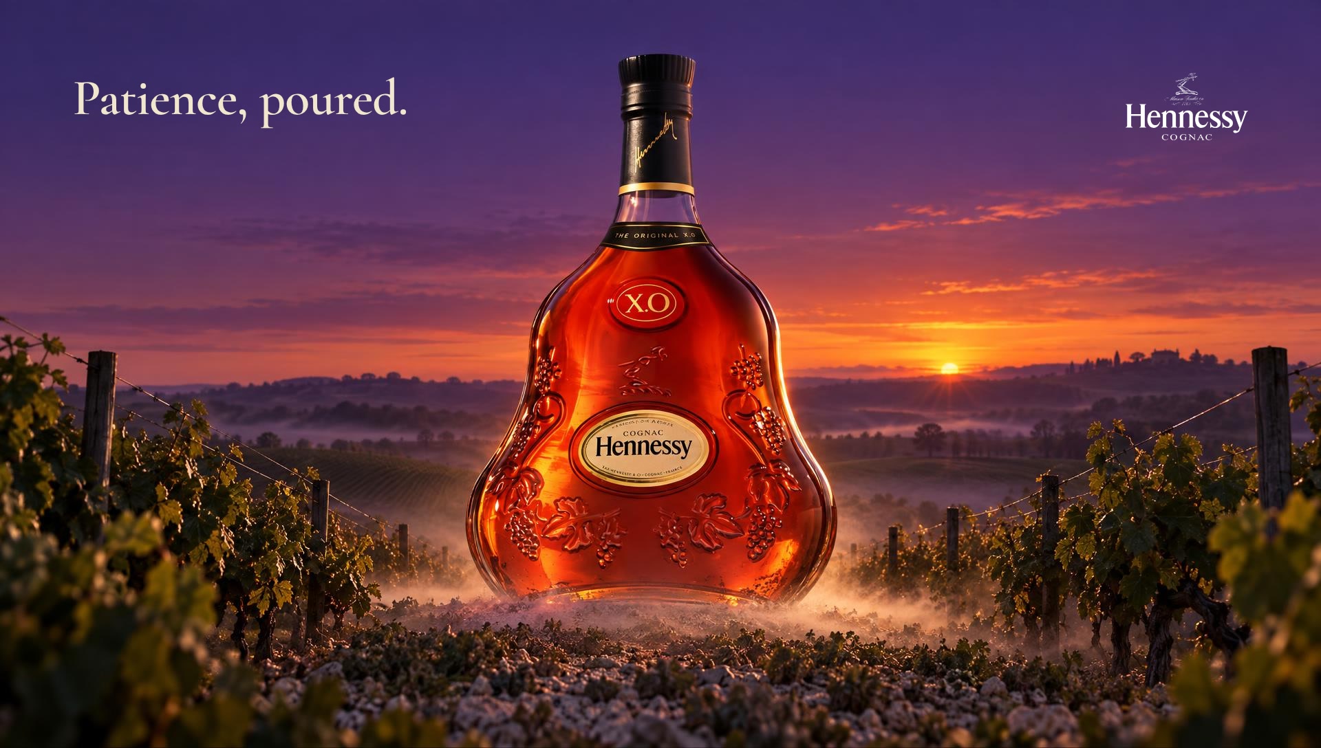 A monumental X.O decanter standing in a vine row at dusk