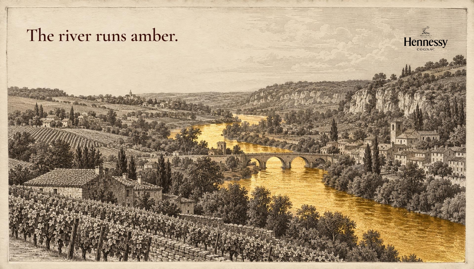 An engraving of the Charente valley with the river in gold leaf